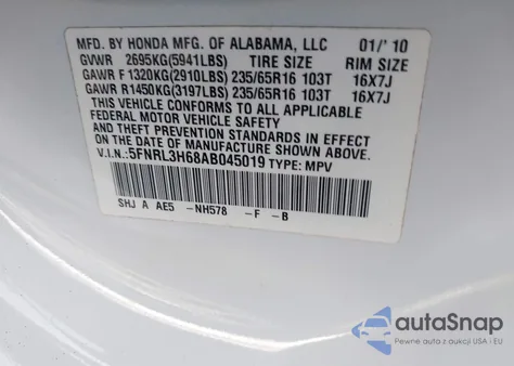 2010 Honda Odyssey Ex-L z USA, uszkodzony, nr VIN 5FNRL3H68AB045019